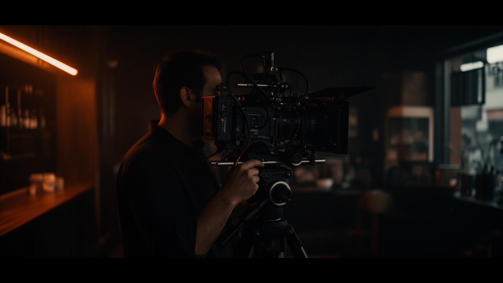 Videographer with cinema camera in a warmly lit small business